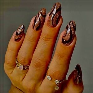 Pink & Black Glitter Swirl Almond Press On Nails Fake Nails Glitter Nails 12pc